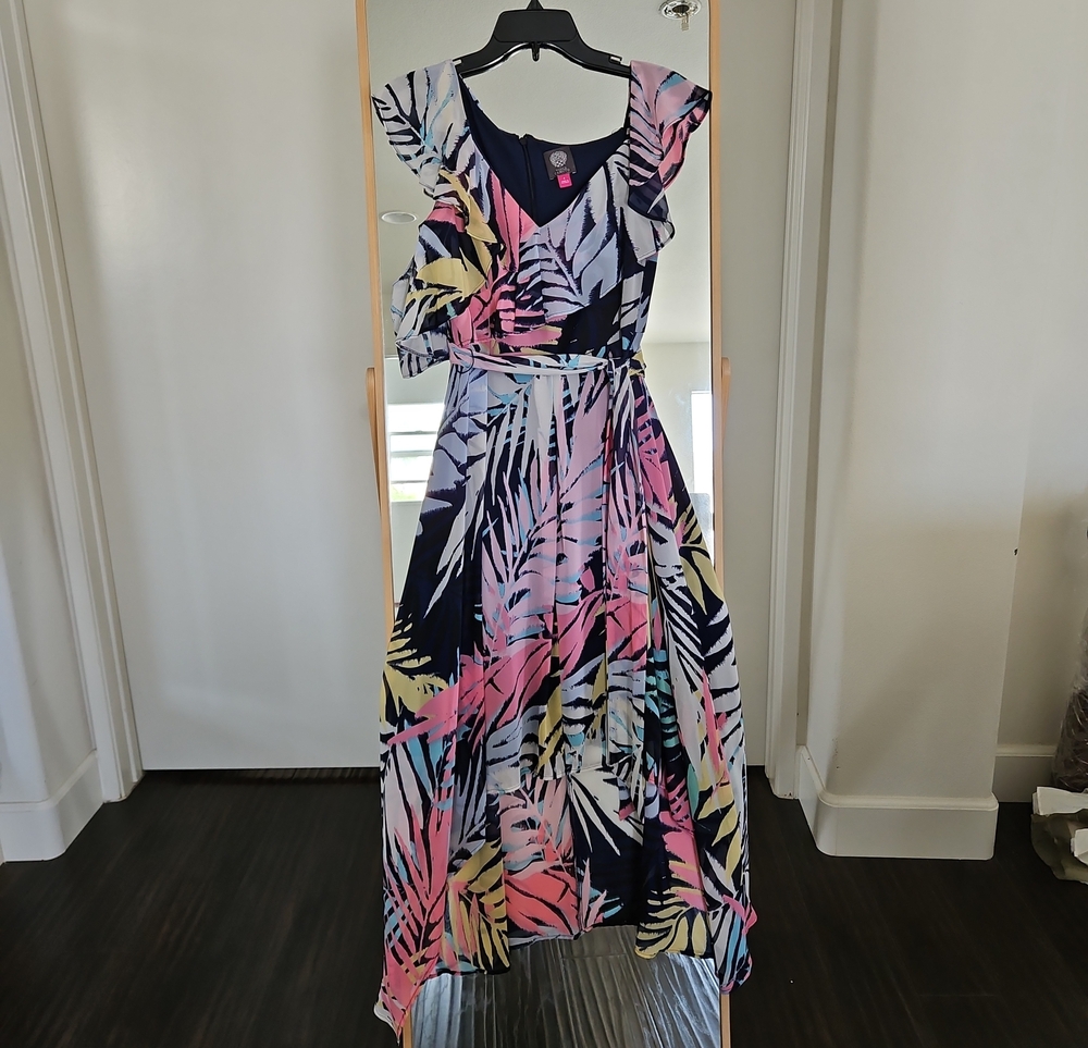 Vince Camuto Navy Dress with Pink, Blue, Yellow & Cream Tropical Print
